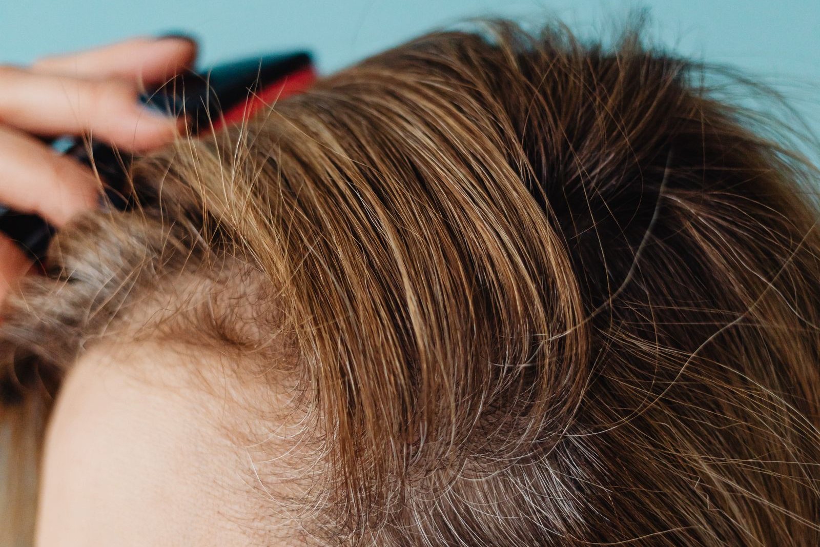 Gros plan sur des racines de cheveux châtains soulevées par une brosse, près de la naissance du front