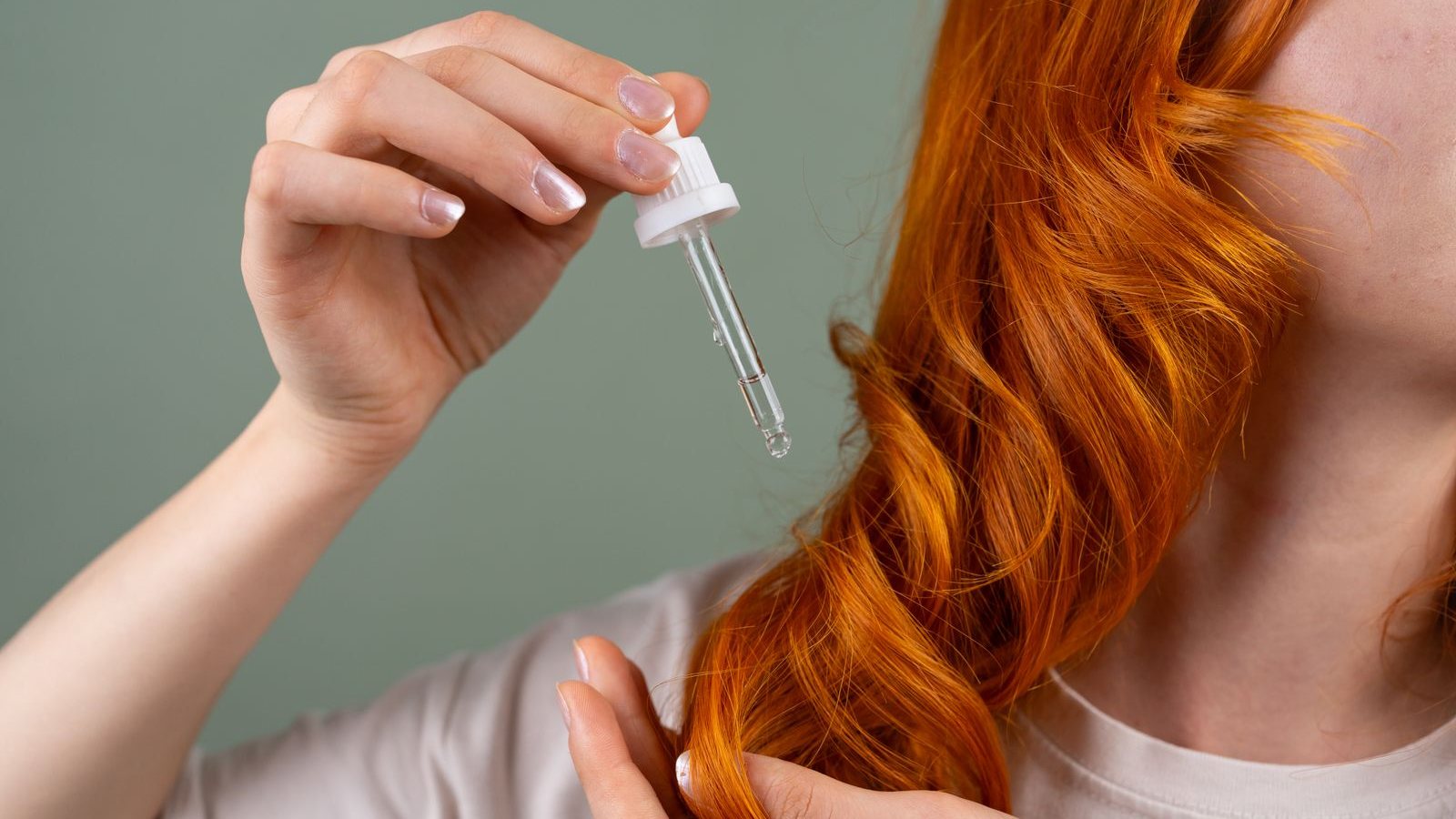 Une femme aux cheveux roux ondulés tient une pipette d’huile au-dessus de ses longueurs, sur un fond vert pâle